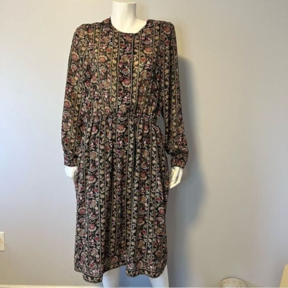 Vintage Floral Midi dress flowy long sleeves earthy tone floral medium size